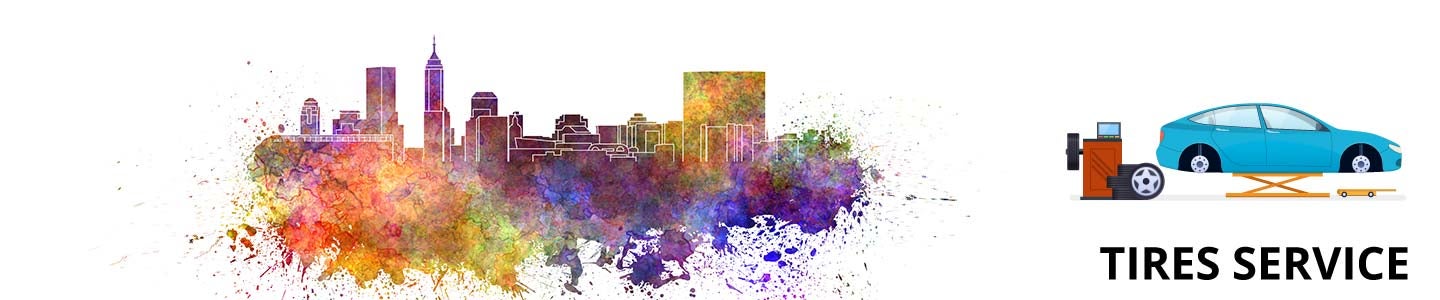 illustration of an abstract city scape with a car icon being serviced with TIRES SERVICE text